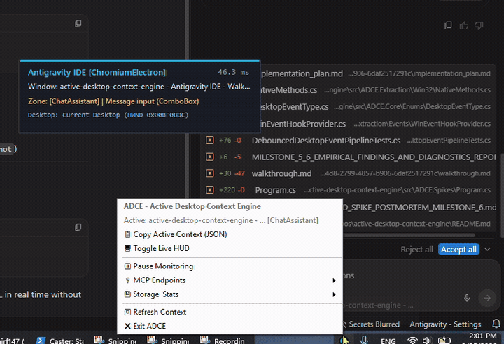 Active Desktop Context Engine (ADCE) running as a Windows system tray daemon with a non-activating live DevTools HUD overlay streaming desktop context.