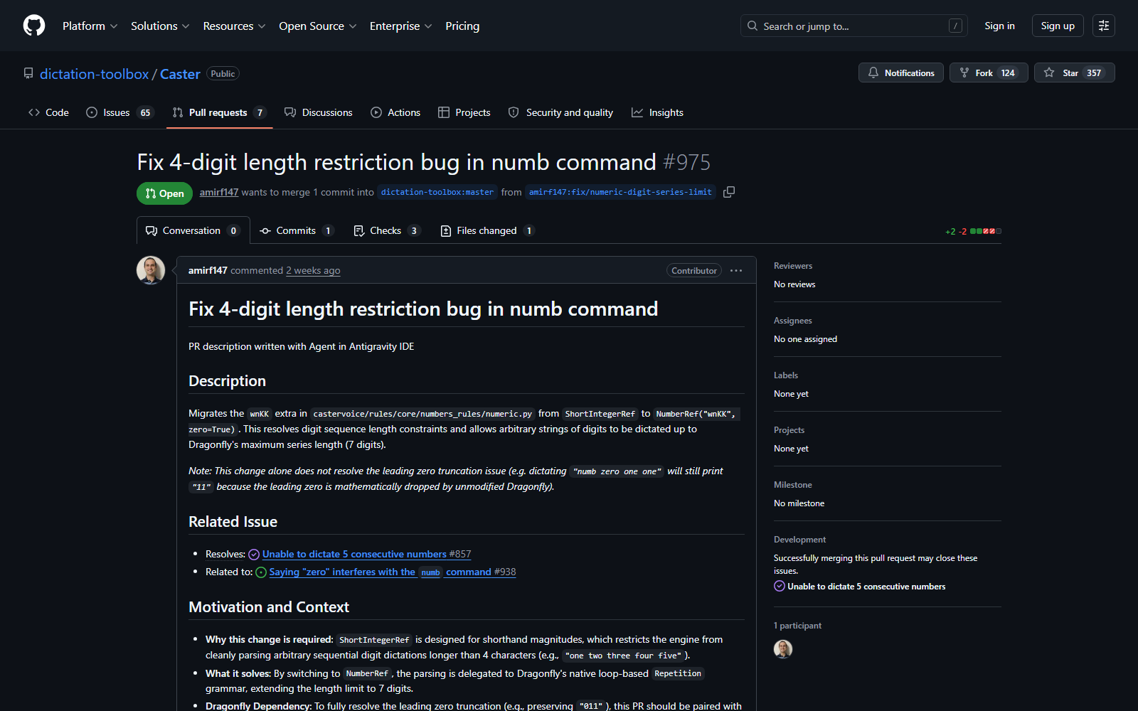 Screenshot of Caster Pull Request #975 on GitHub showing code changes replacing ShortIntegerRef with NumberRef.