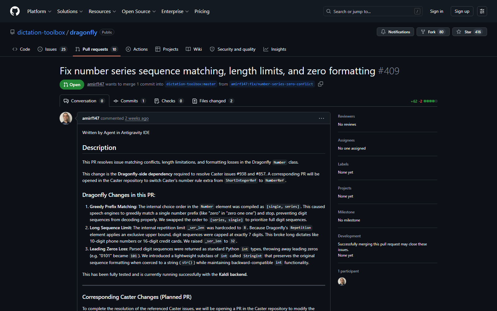 Screenshot of Dragonfly Pull Request #409 on GitHub detailing fixes for speech recognition number series sequence matching.