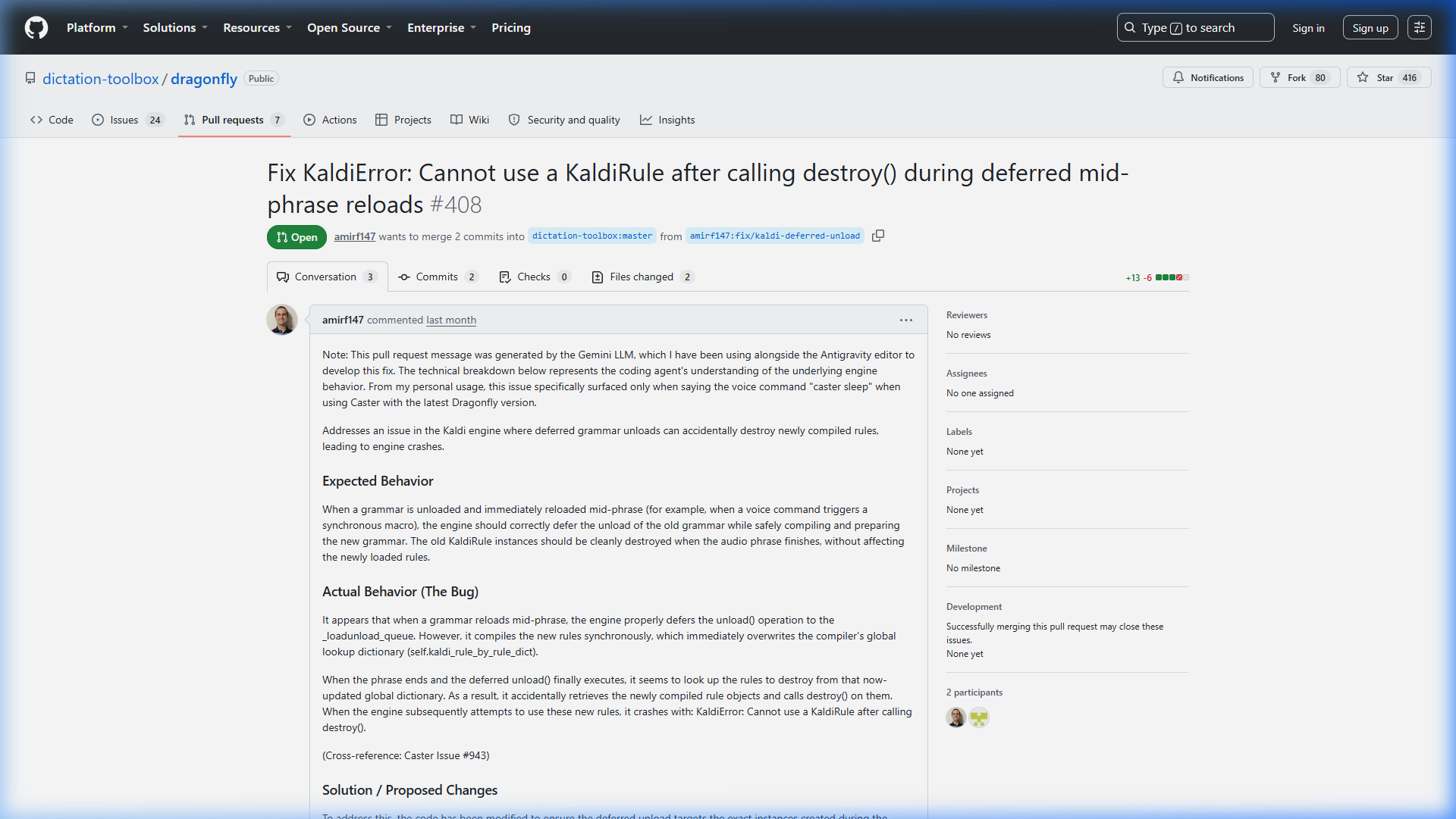 Screenshot of Dragonfly Pull Request #408 on GitHub detailing fix for Kaldi deferred unload mid-phrase reload race condition.