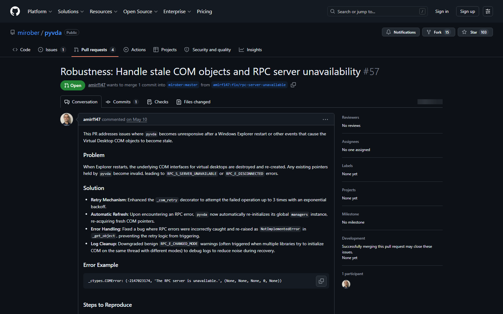 Screenshot of pyvda Pull Request #57 on GitHub displaying exception handling for destroyed COM pointers.
