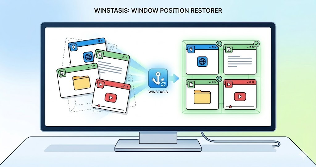 WinStasis Window Position Restorer graphic showing snapshot and restore feature summary.